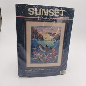 90s Dimensions Sunset Stamped Cross Stitch Kit PLAYFUL DOLPHINS 13138 Sealed